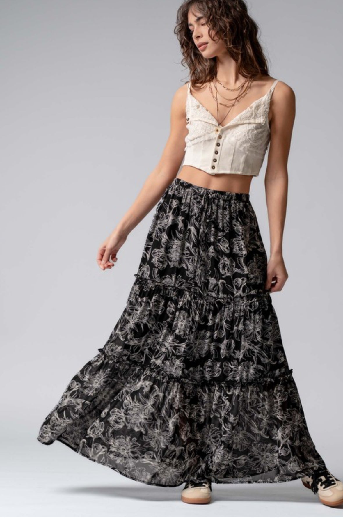 Floral Elastic Waist Tiered Maxi Skirt