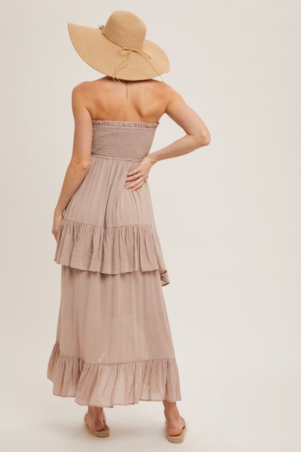 Boho Smocked Strapless Tiered Midi Dress
