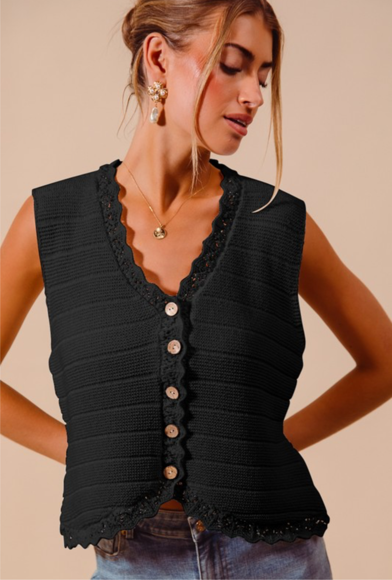 Black Button Front Knit Vest