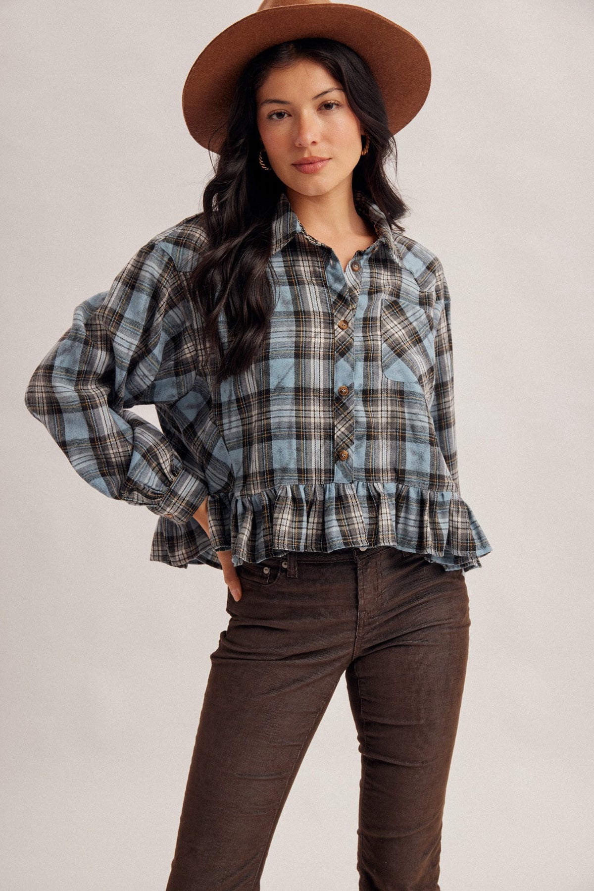 Blue Frill Bottom Button Down Top