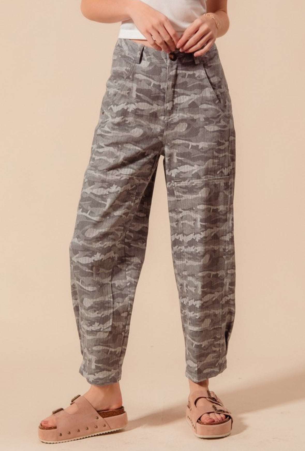 Camo Denim Barrel Pants