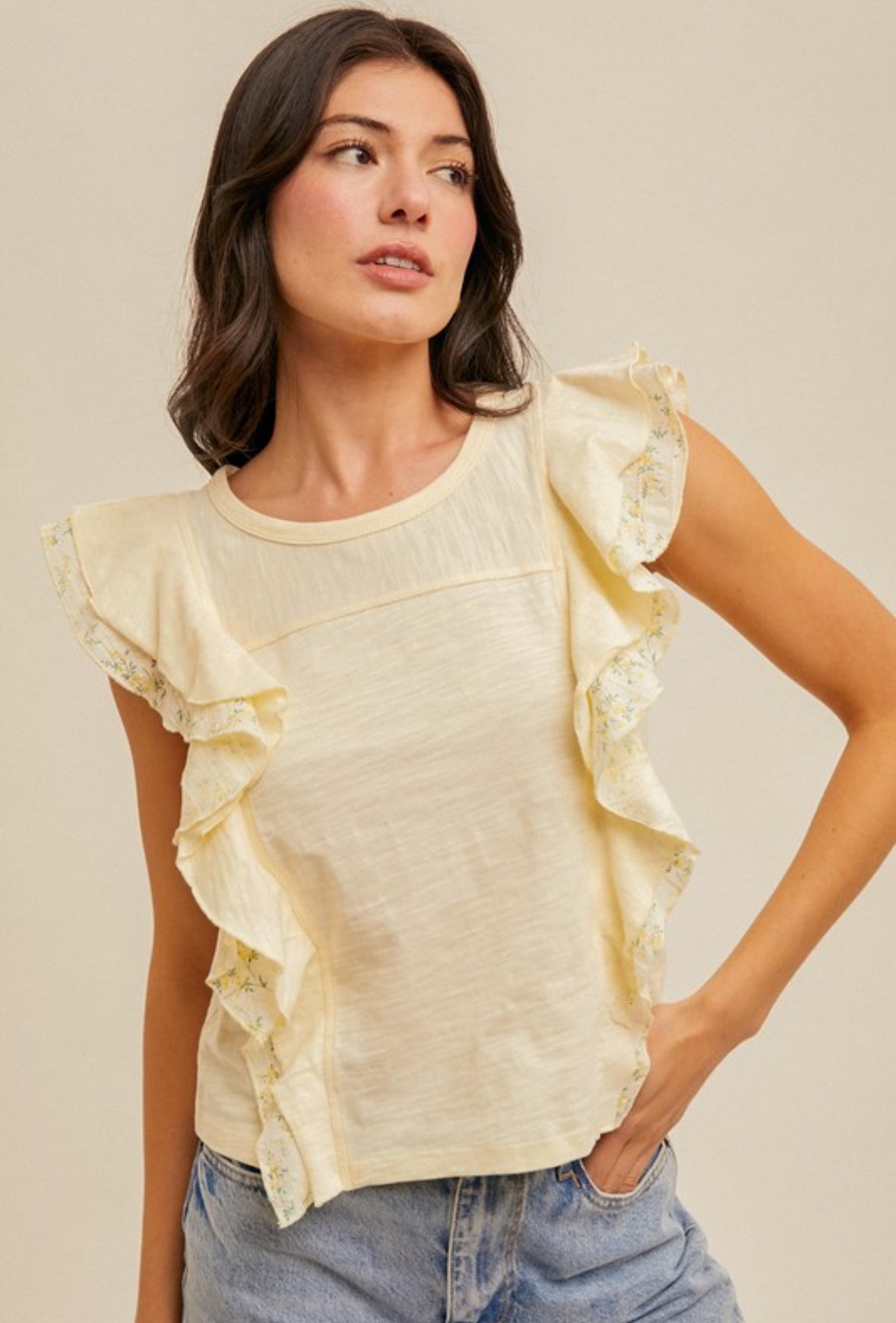 Pale Yellow Ditsy Print Flutter Sleeve Top