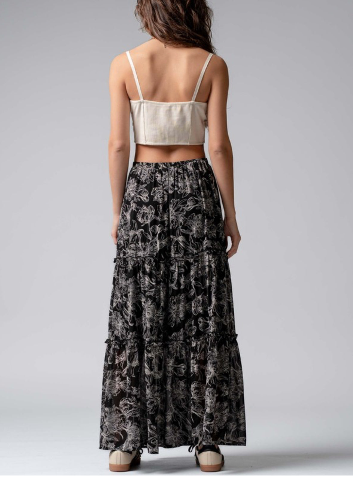 Floral Elastic Waist Tiered Maxi Skirt