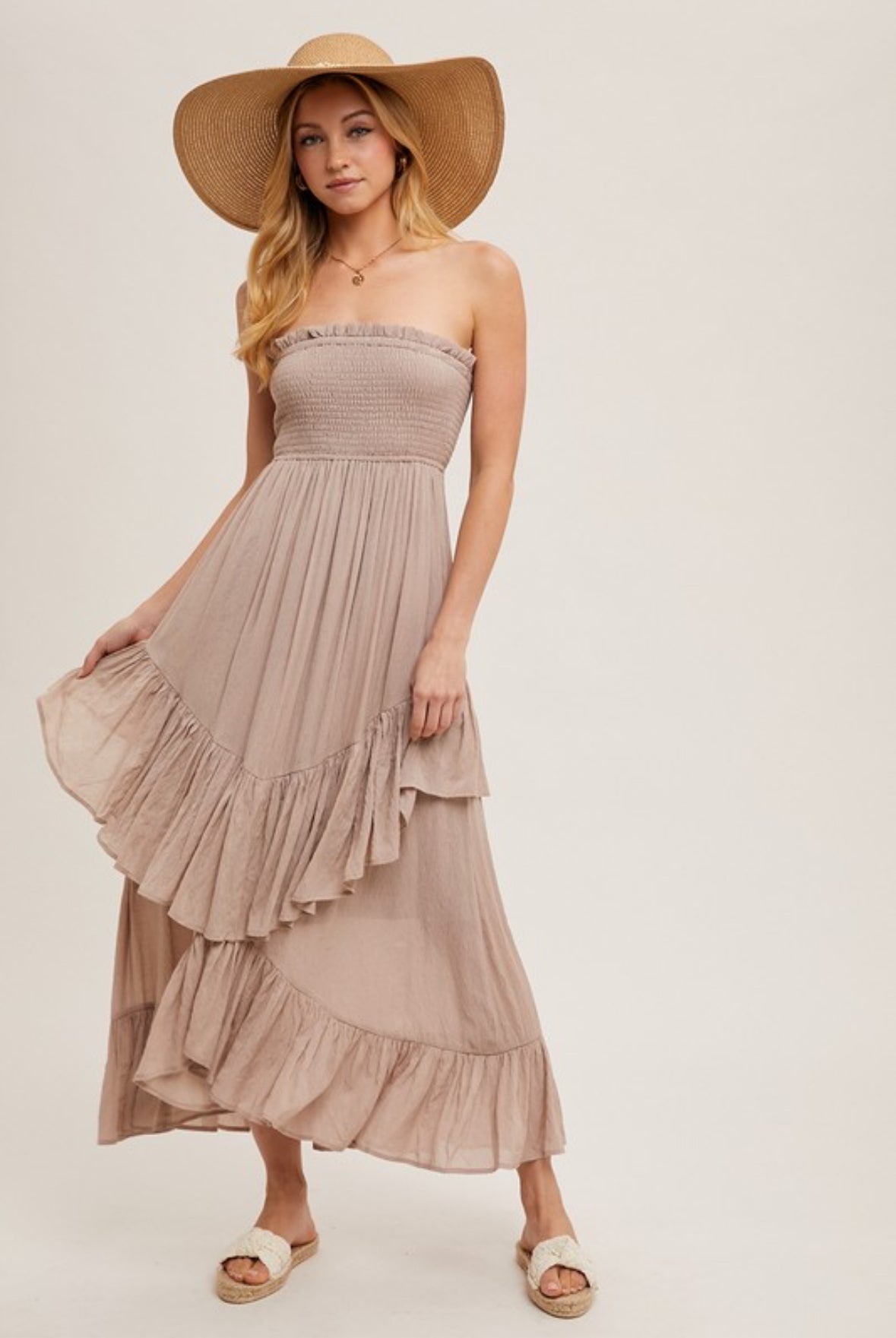 Boho Smocked Strapless Tiered Midi Dress