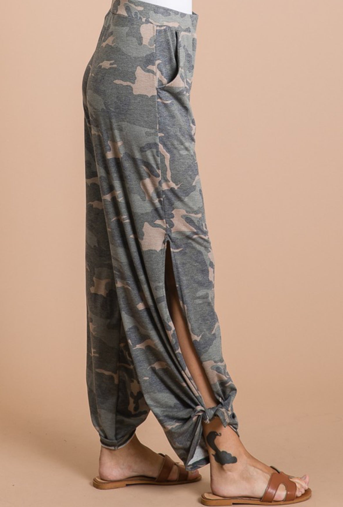 Camo Print Side Tie Bottom Pants