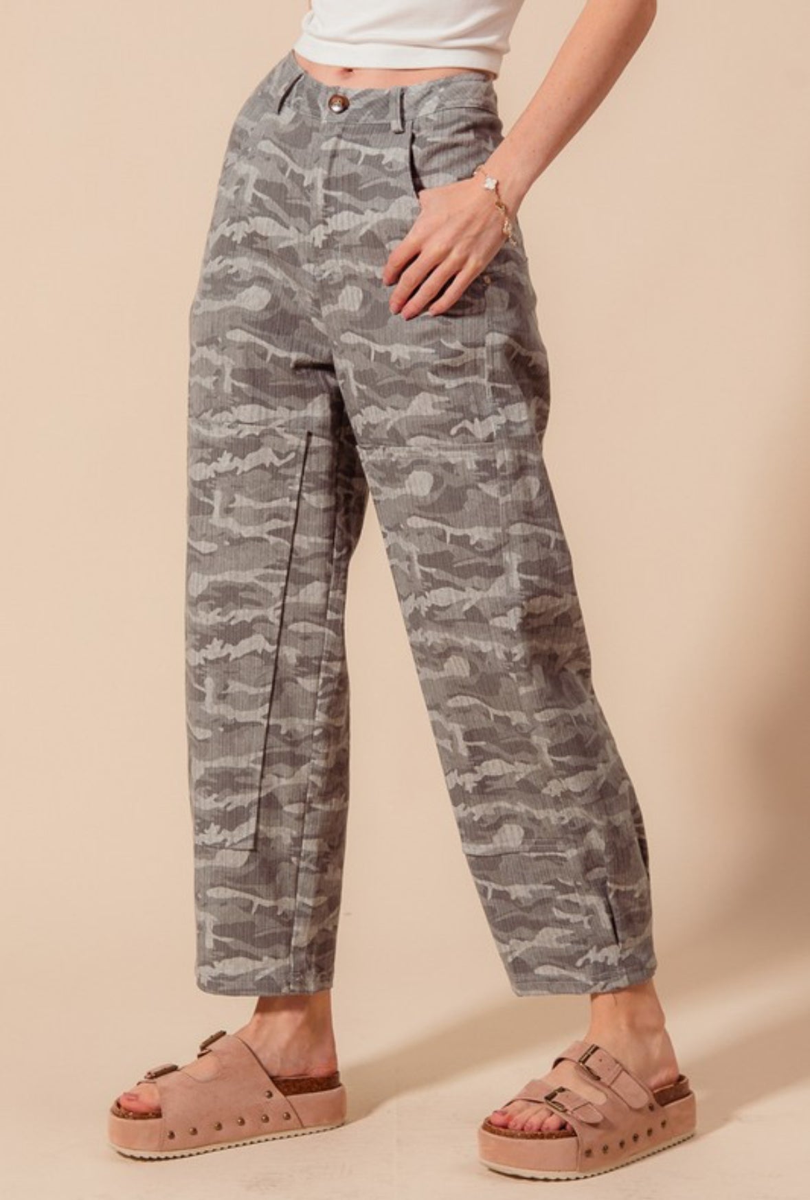 Camo Denim Barrel Pants