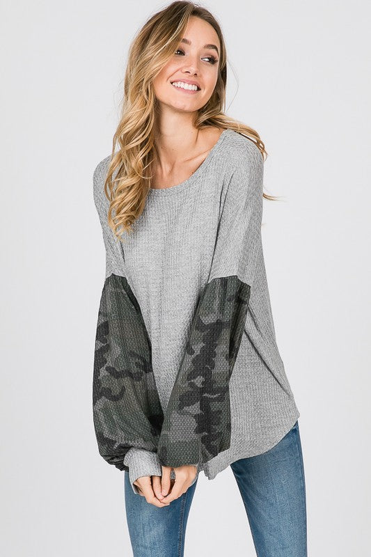 Camo Balloon Sleeve Waffle Knit Top