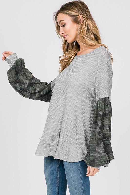 Camo Balloon Sleeve Waffle Knit Top