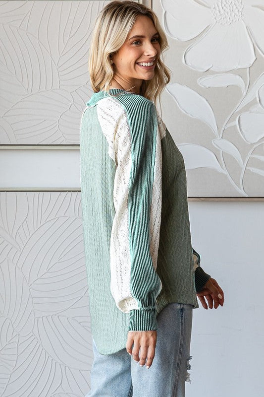 Lace Detail Waffle V Neck Top