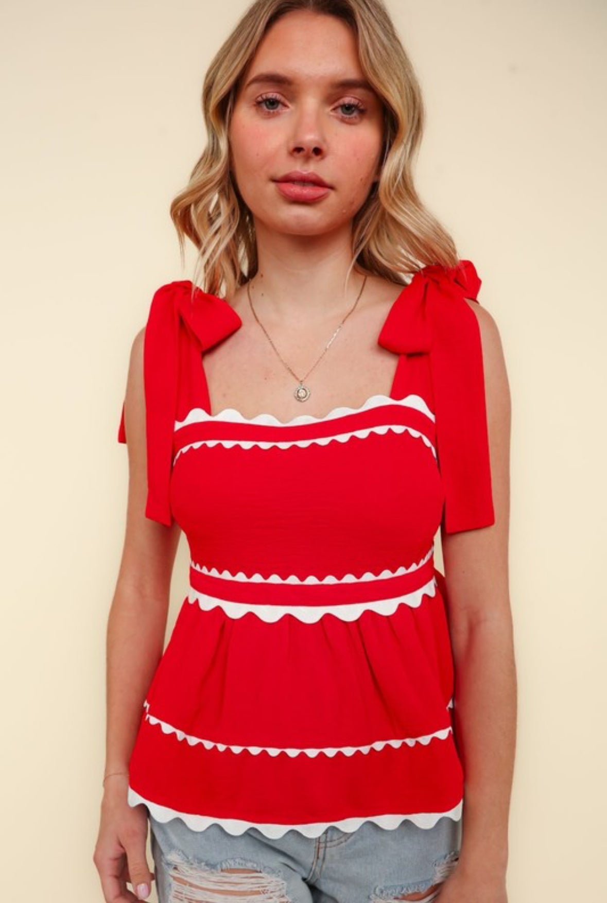 Tie Strap Scallop Detail Babydoll Top