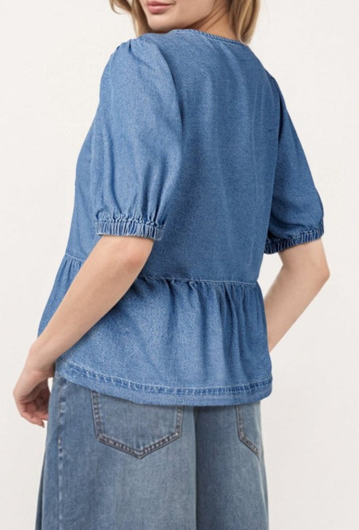 Denim Bubble Sleeve Peplum Top