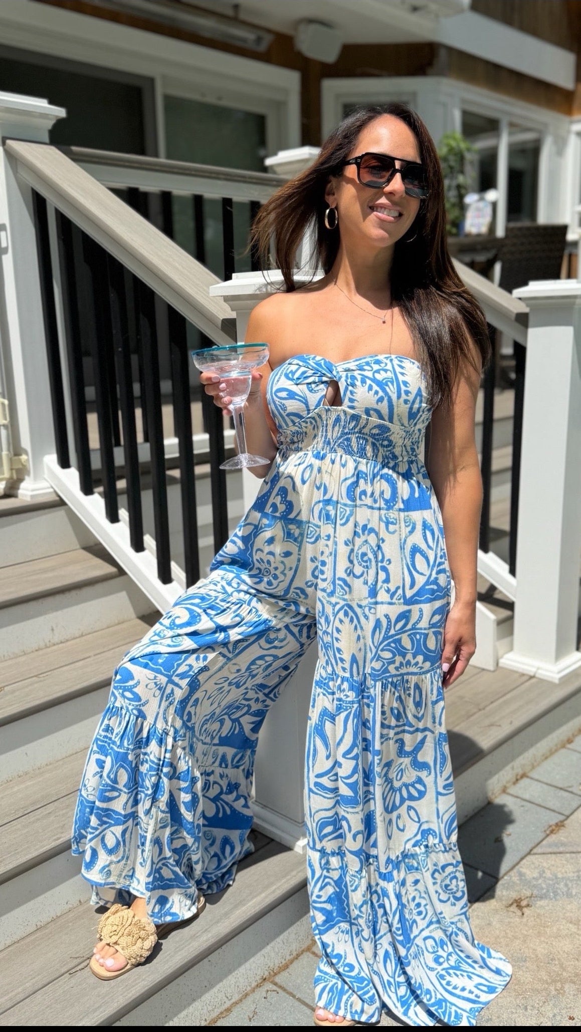 Blue Printed Strapless Jumpsuit