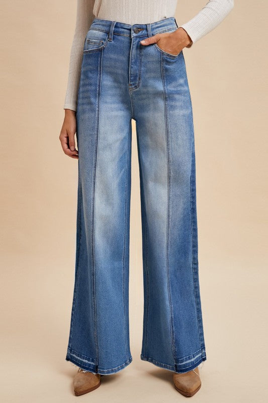 Stretch Two Tone Fray Hem High Rise Wide Leg Jean