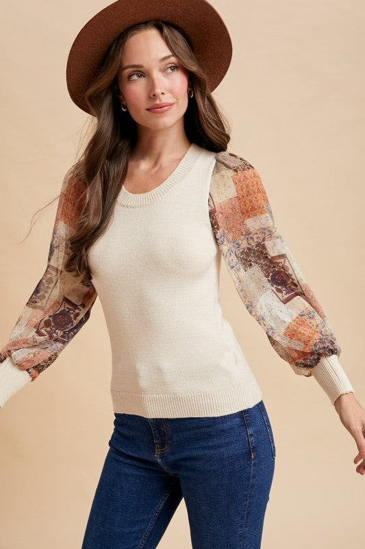 Boho Patchwork Chiffon Sleeve Sweater