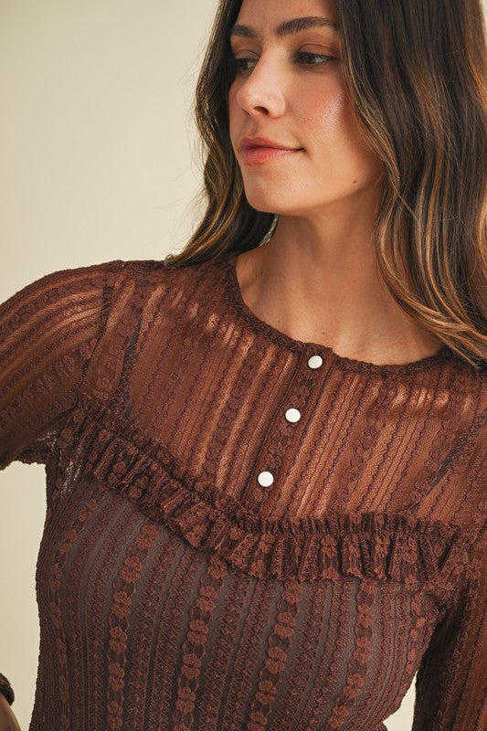 Lace Ruffle Detail Henley Neck Top