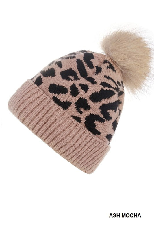 Leopard Pattern Knit Pom Pom Beanie