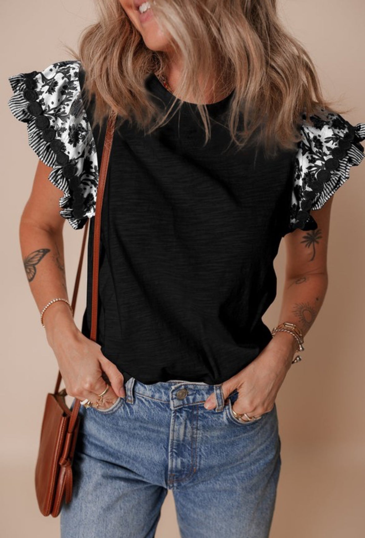 Black Floral Sleeve Top