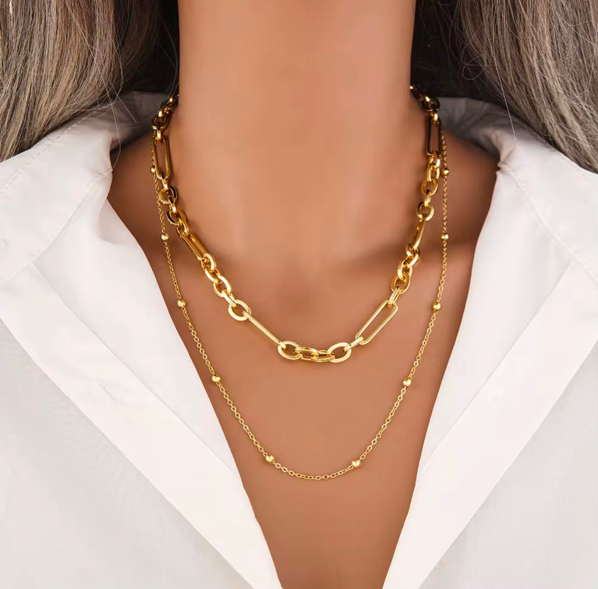 Double Layered Necklace - Mixed Link 18k