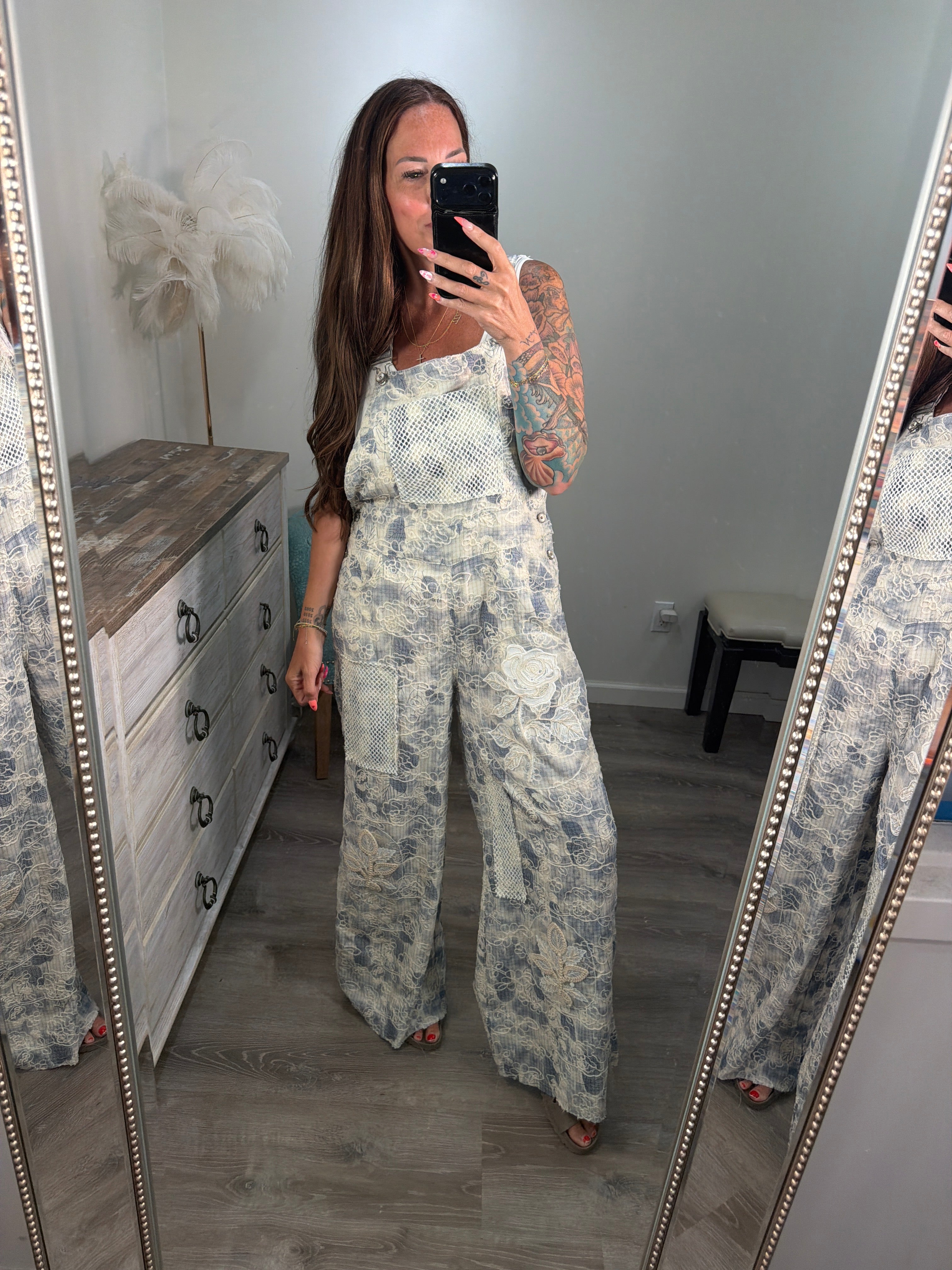 Indigo Floral Overalls
