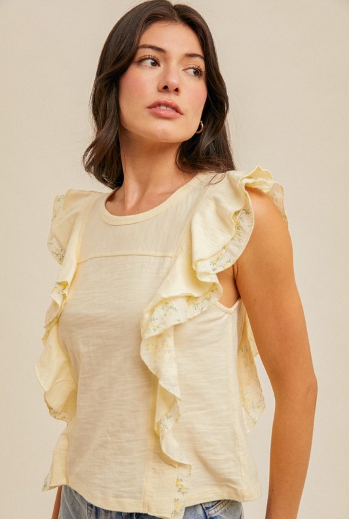 Pale Yellow Ditsy Print Flutter Sleeve Top