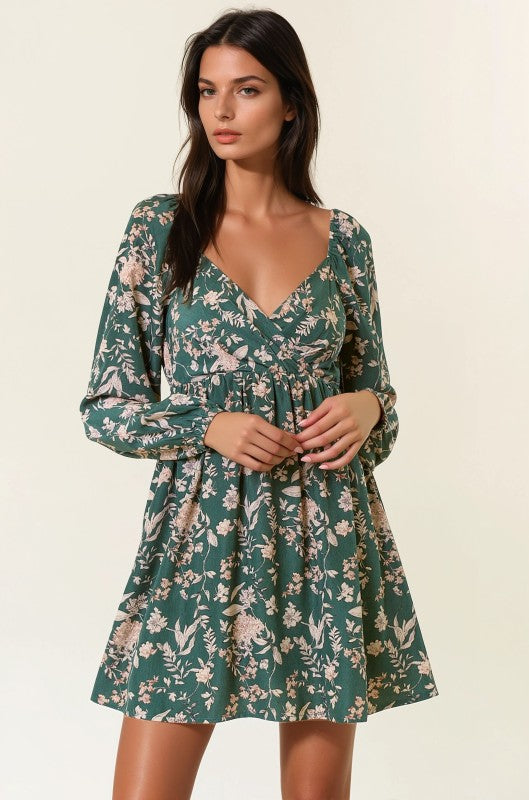 Dark Forest Floral Print Long Sleeve Dress
