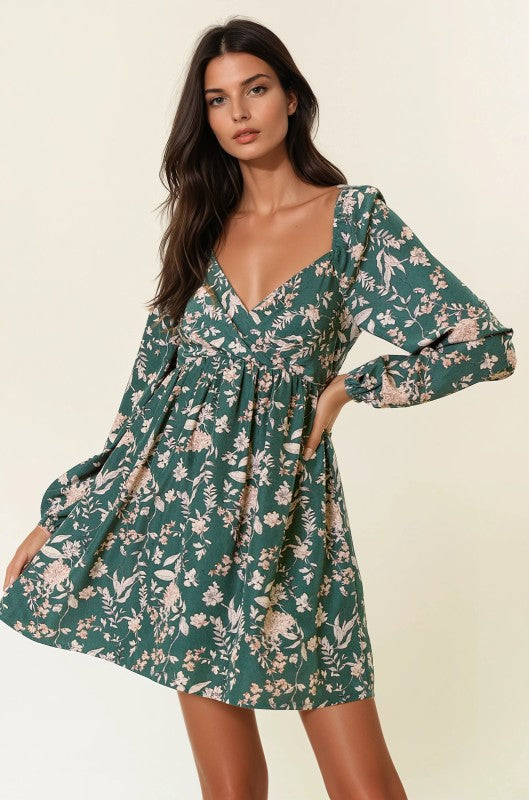 Dark Forest Floral Print Long Sleeve Dress
