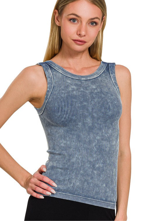 2 Way Neckline Washed Ribbed Seamless Tank Top Dark Blue