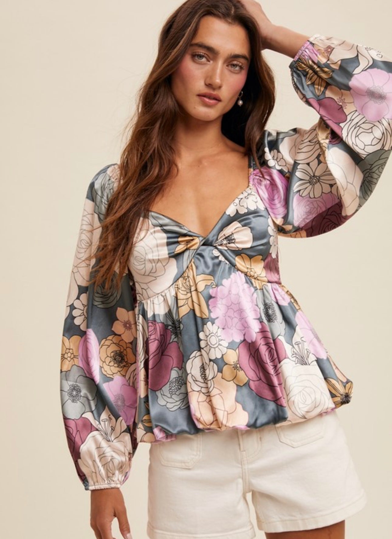 Satin Floral Peplum Blouse