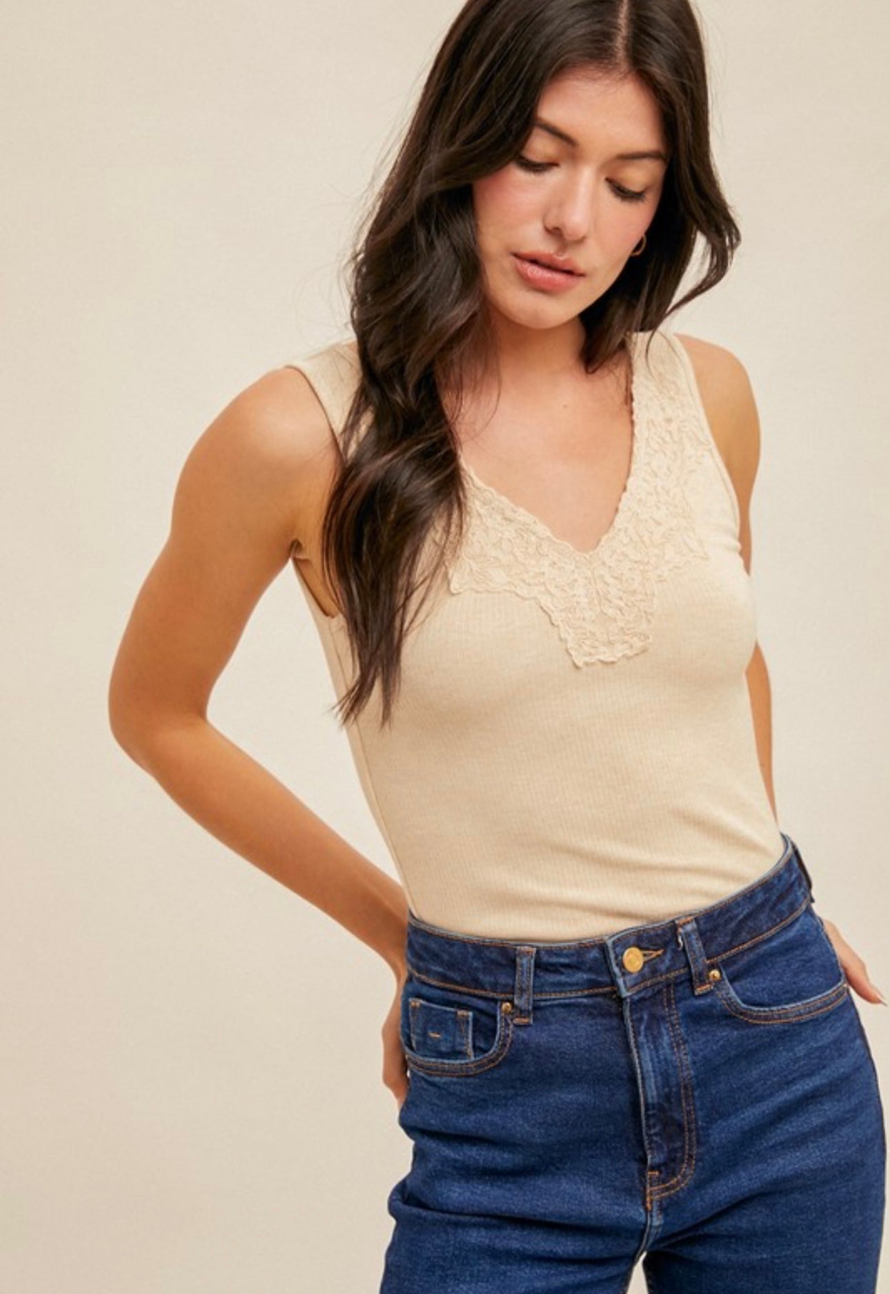 Taupe Lace Trimmed Tank