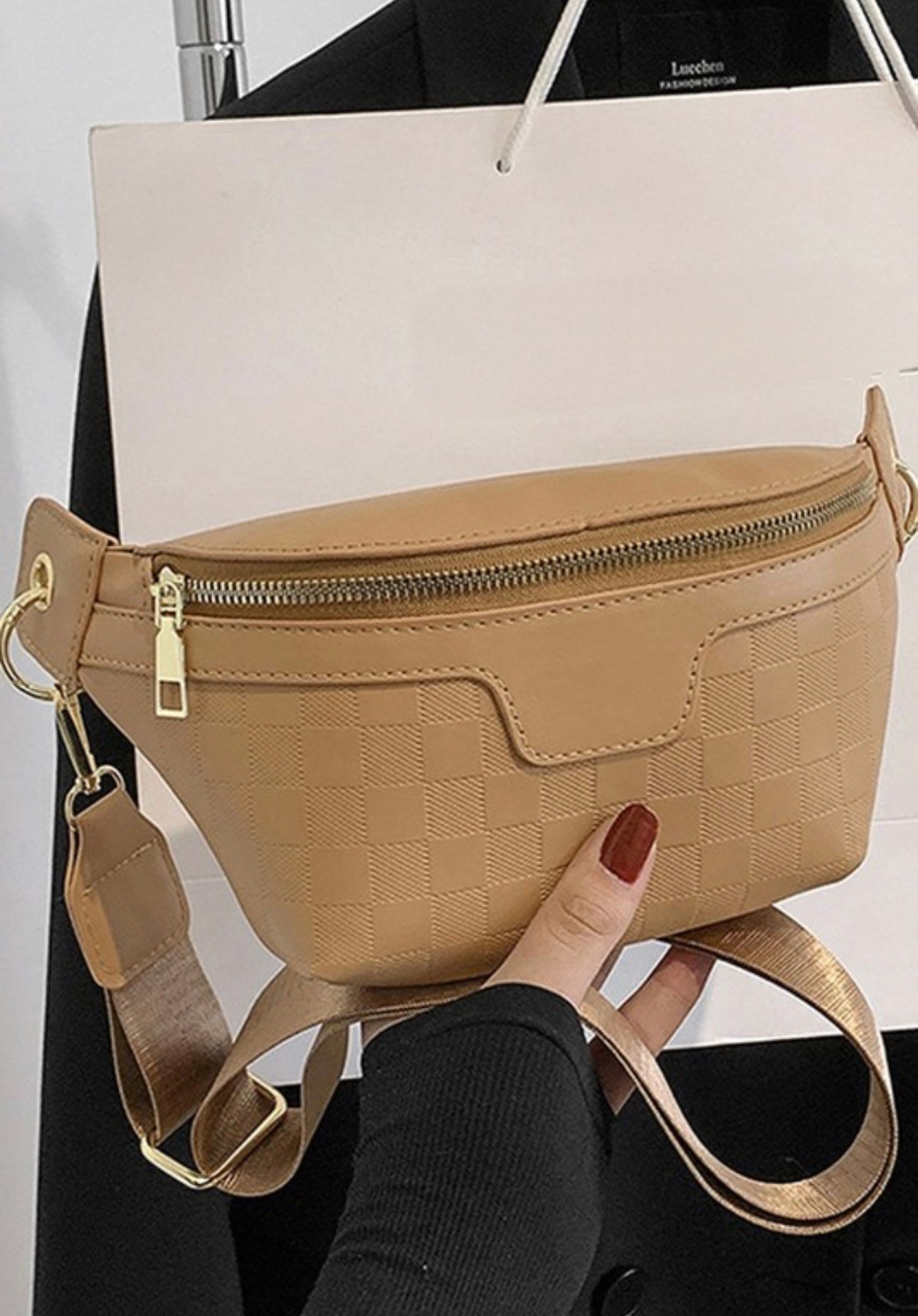 Camel Vegan Leather Checkered Crossbody