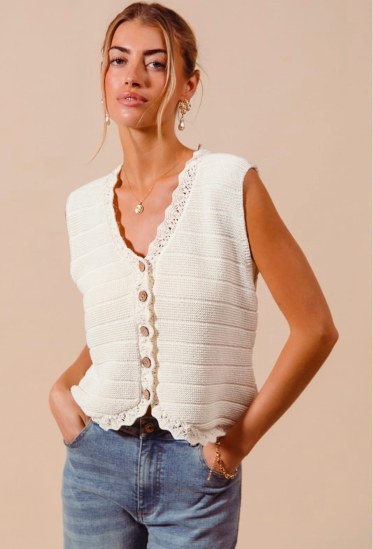 Off White Button Front Knit Vest