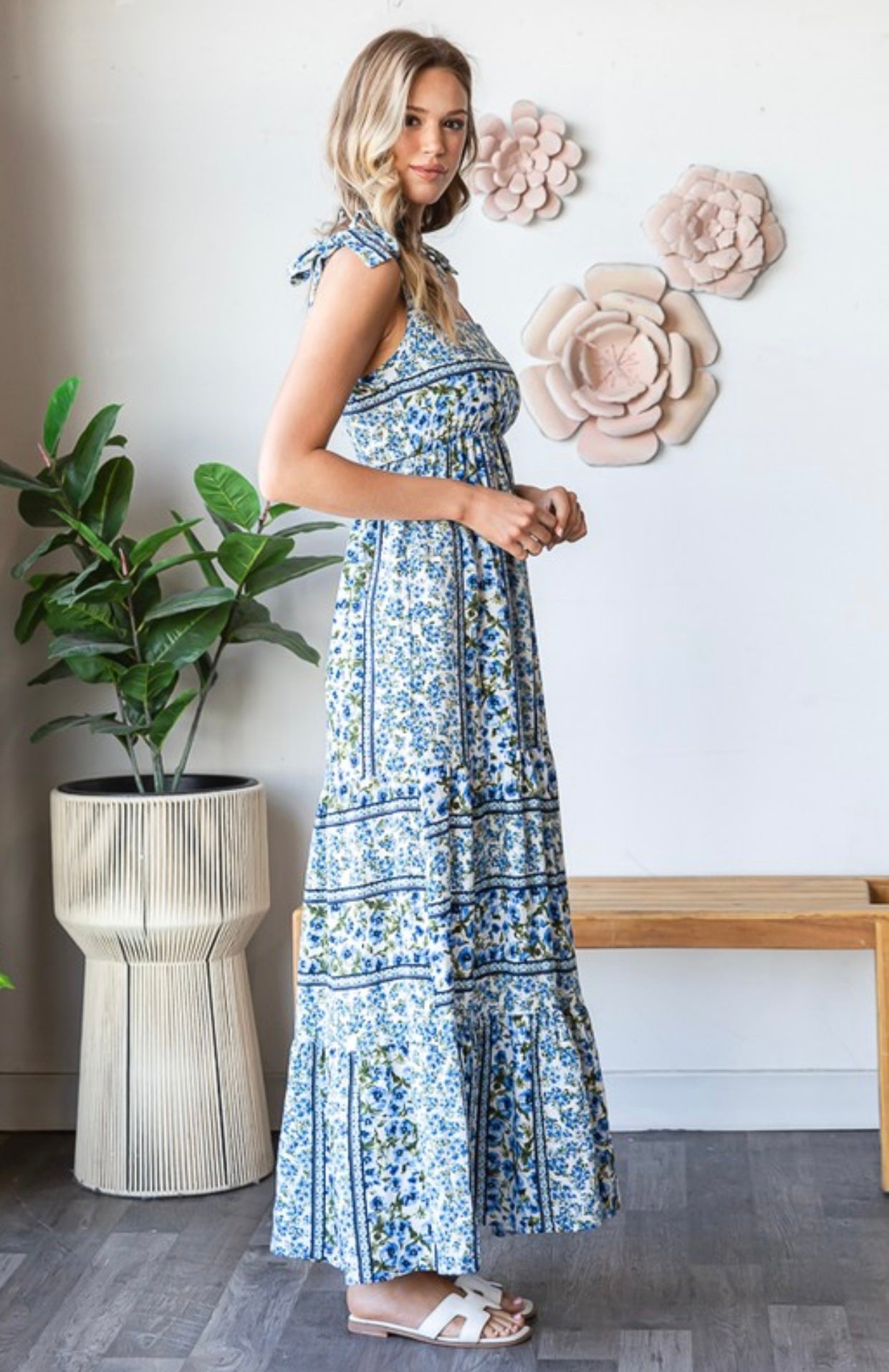 Floral Shoulder Tie Maxi Dress