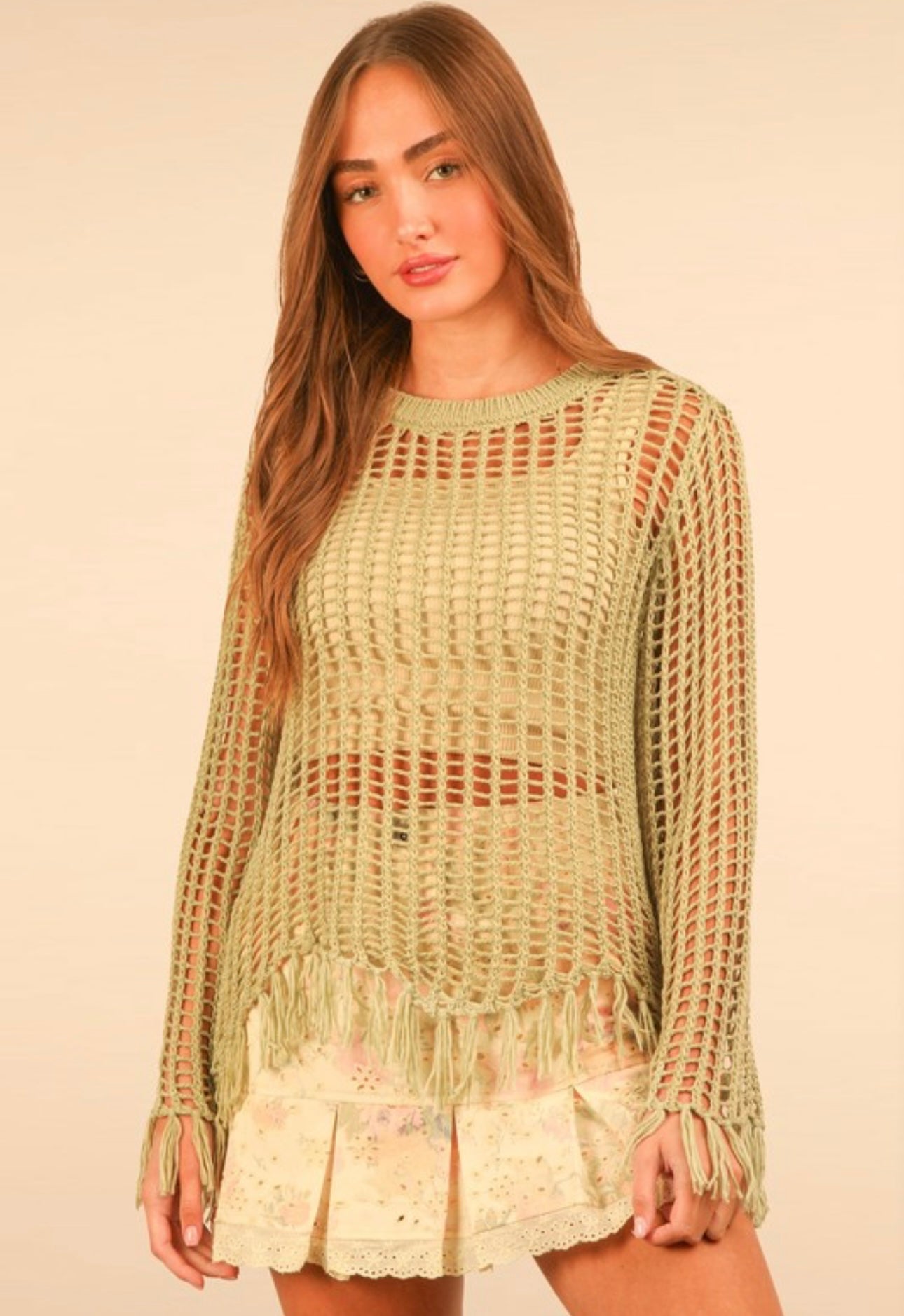 Open Knit Fringe Top