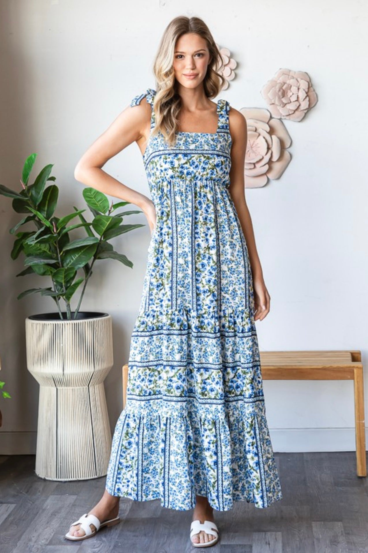 Floral Shoulder Tie Maxi Dress