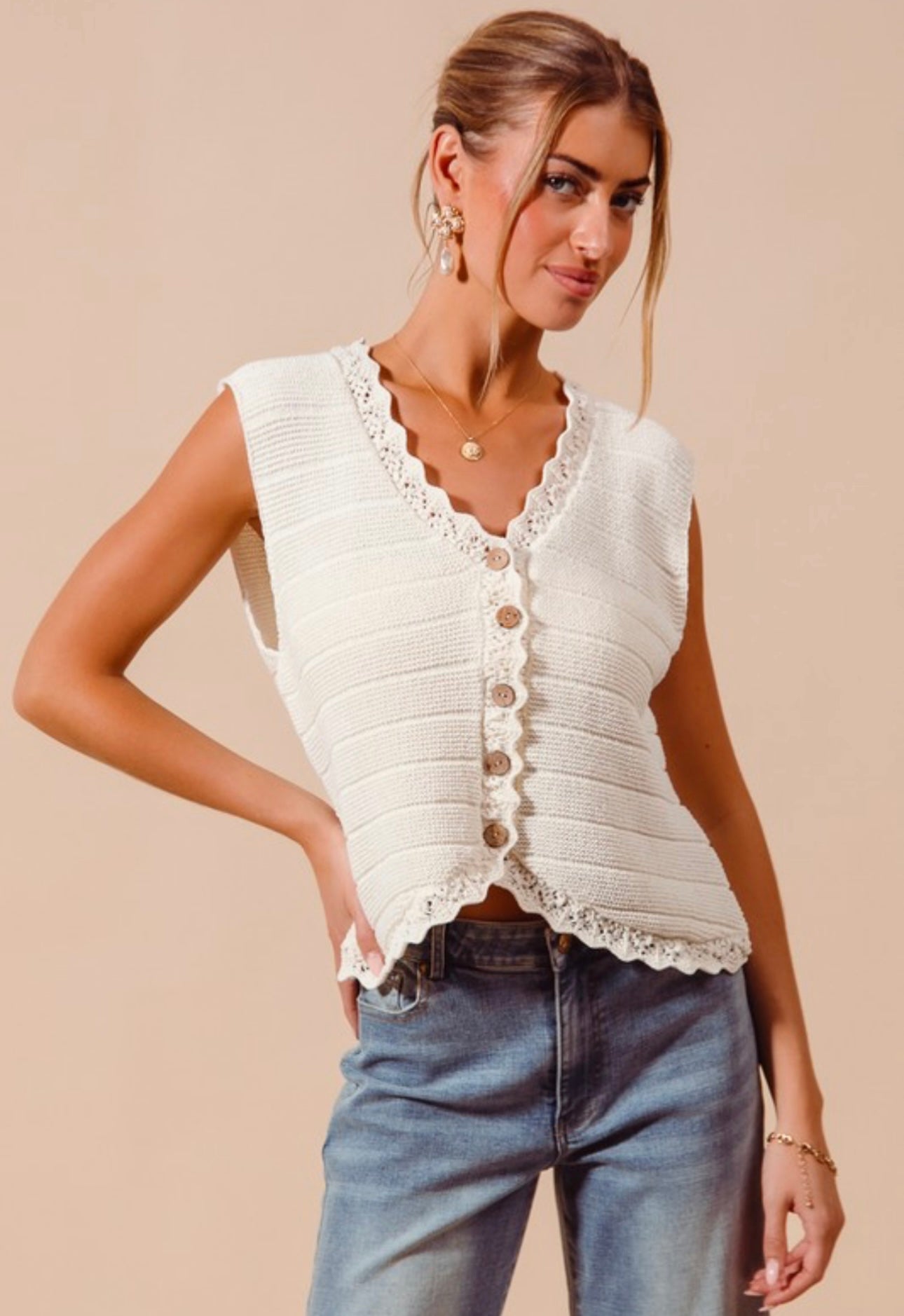 Off White Button Front Knit Vest