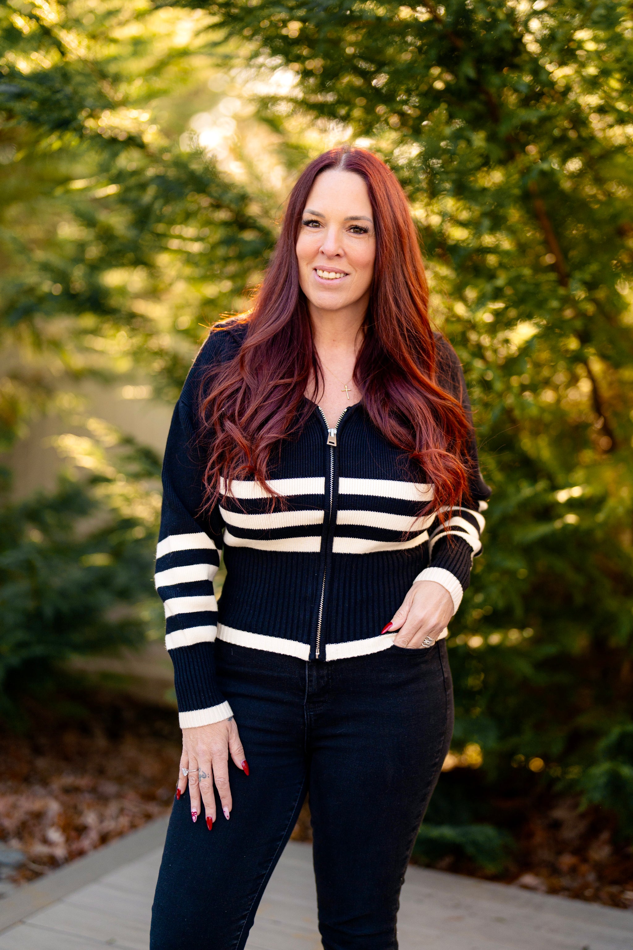 Navel Stripe Check Lapel Zipper Sweater