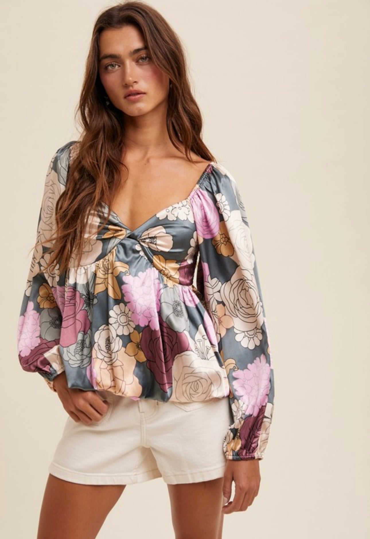 Satin Floral Peplum Blouse