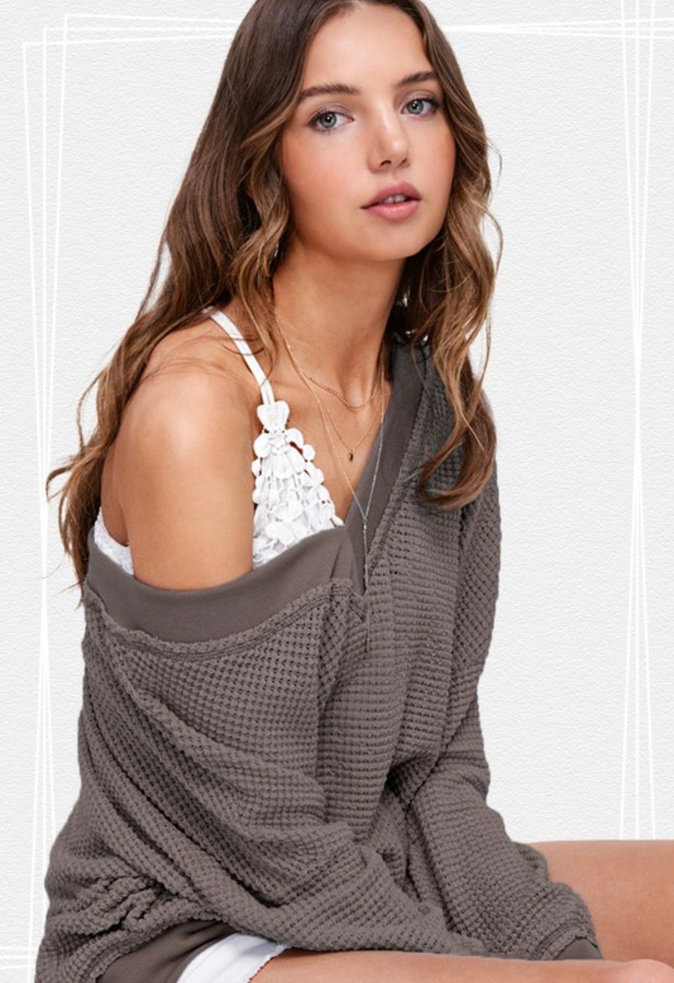 Grey V Neck Waffle Top