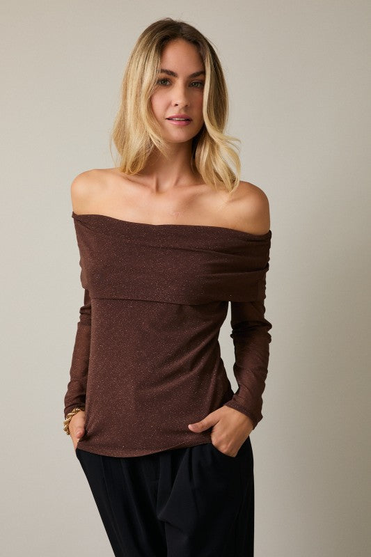 Long Sleeve Off Shoulder Metallic Top