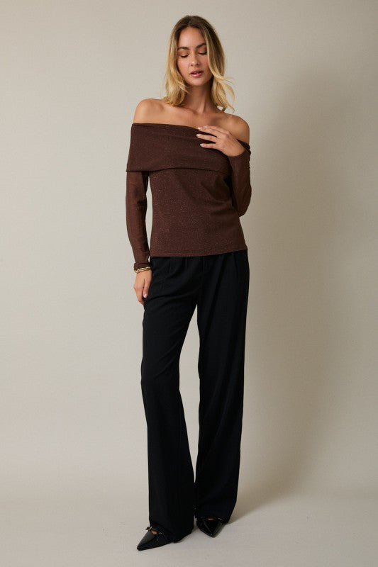 Long Sleeve Off Shoulder Metallic Top