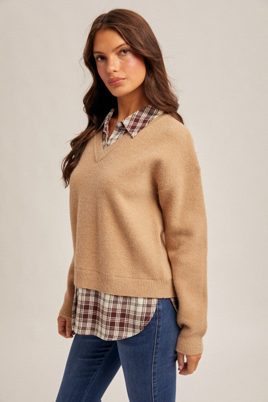 Plaid Contrast Mixed V Neck Sweater