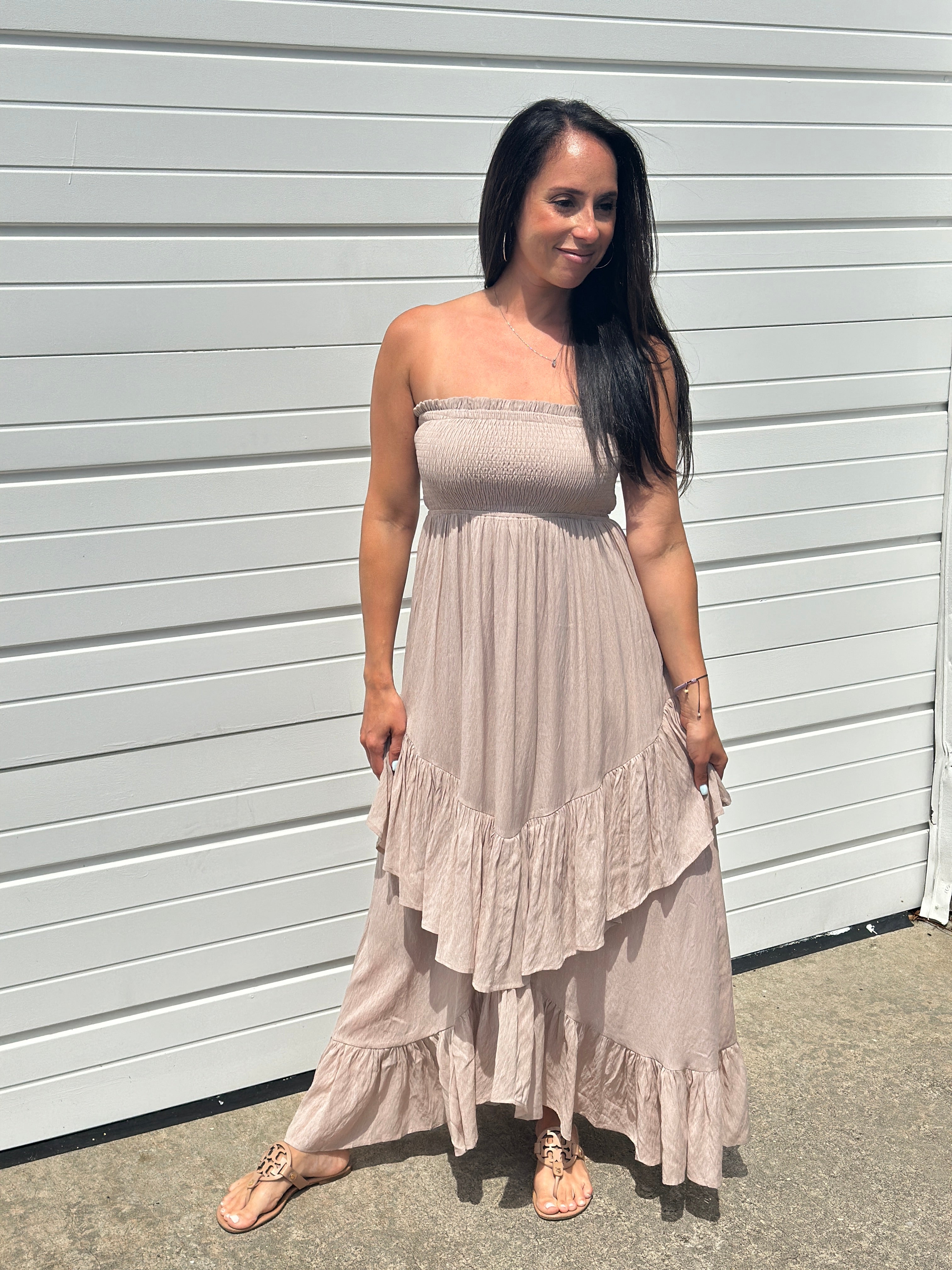 Boho Smocked Strapless Tiered Midi Dress