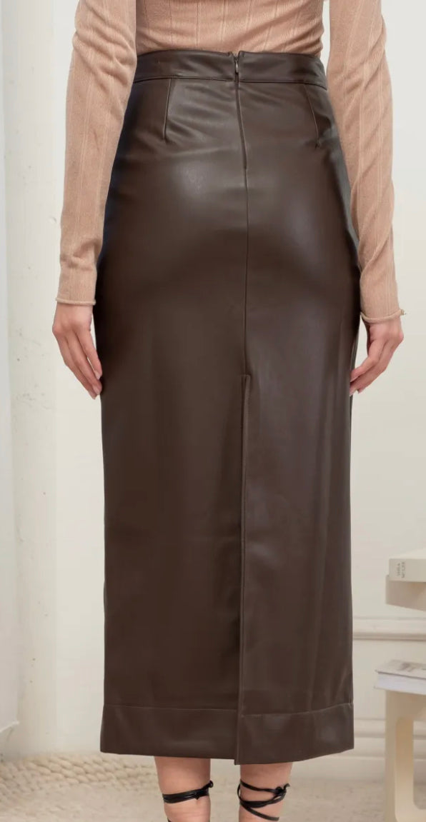 Brown Faux Leather Midi Skirt