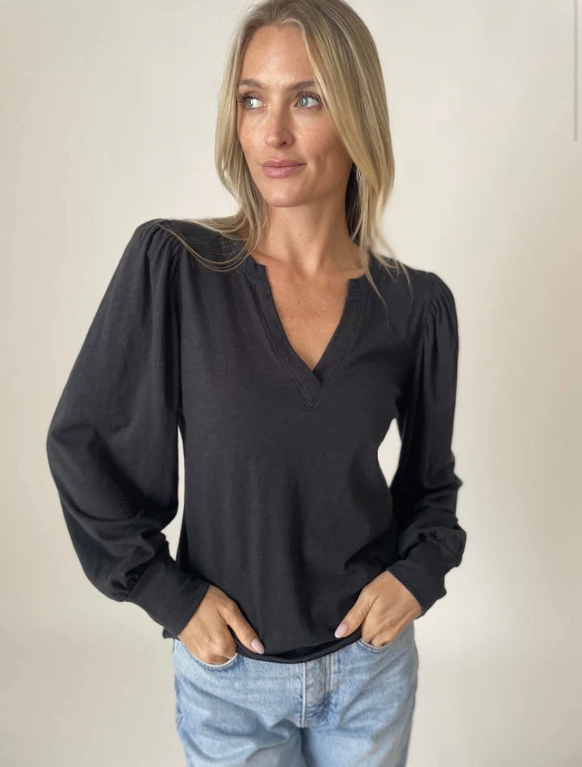 Kira Black Puff Sleeve V Neck