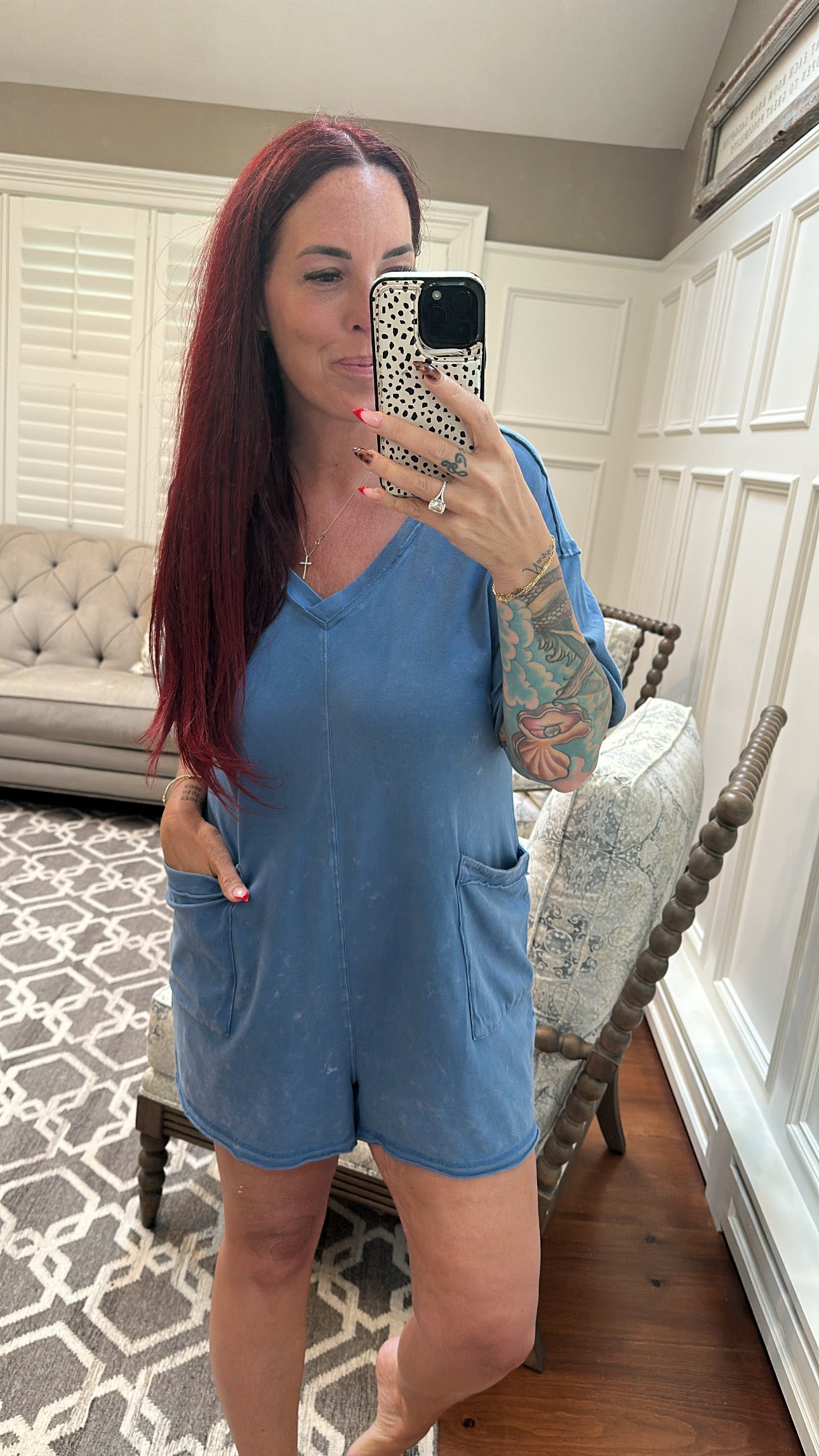 Mineral Washed Oversized Cotton Romper - Blue