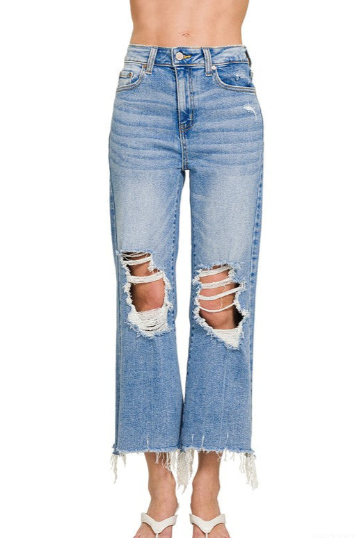 Distressed Knee Raw Frayed Hem Cropped Denim Pants