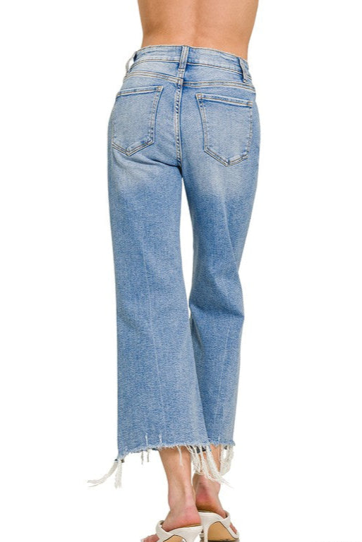 Distressed Knee Raw Frayed Hem Cropped Denim Pants
