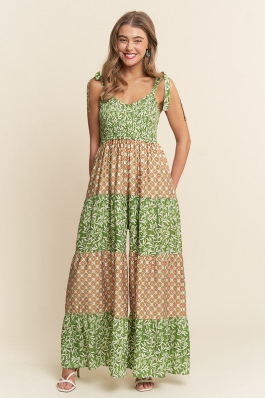 Multi Pattern Smocked Wide Leg Jumpsuit