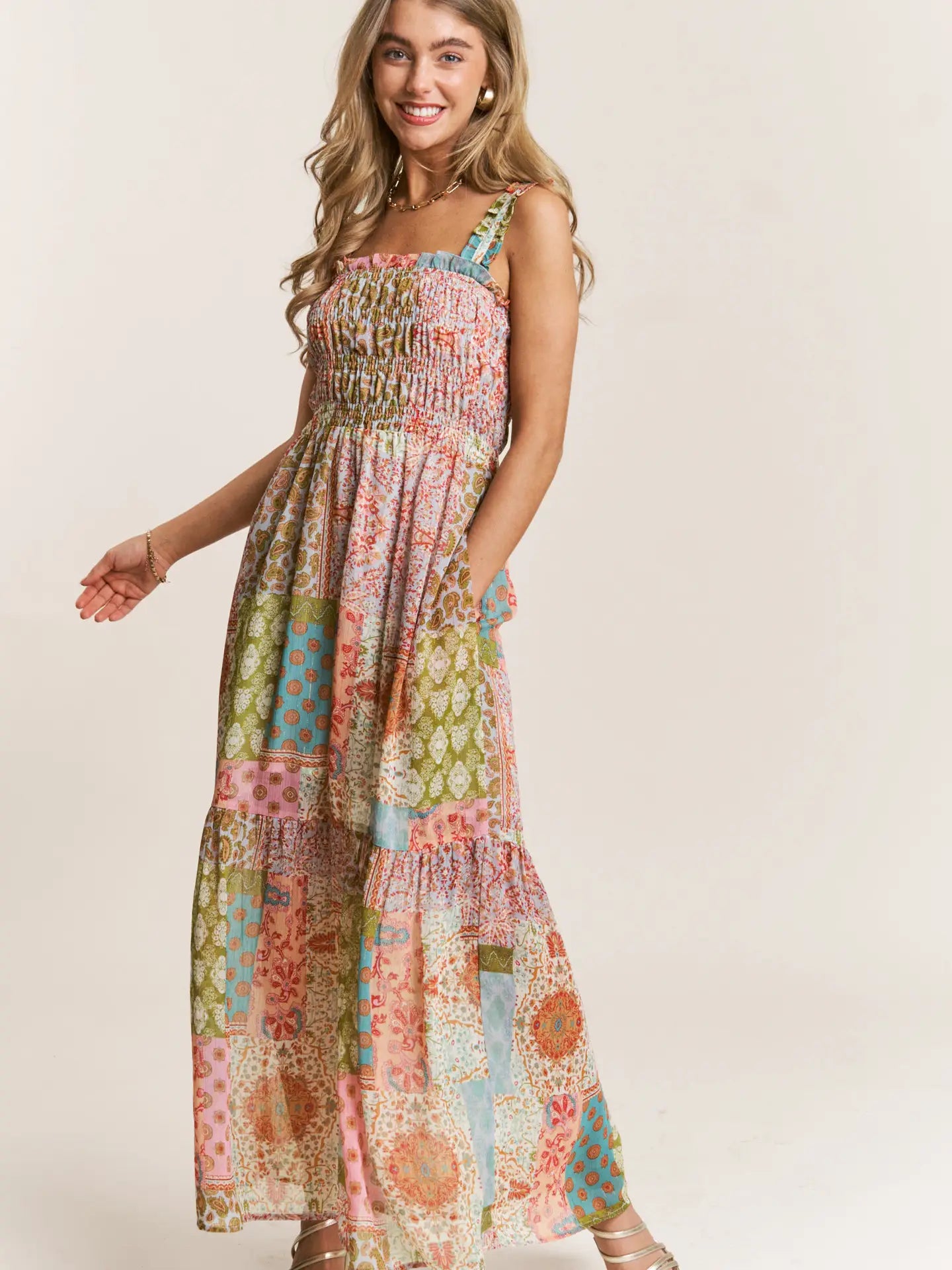 Smocked Top Patchwork Maxi Dress