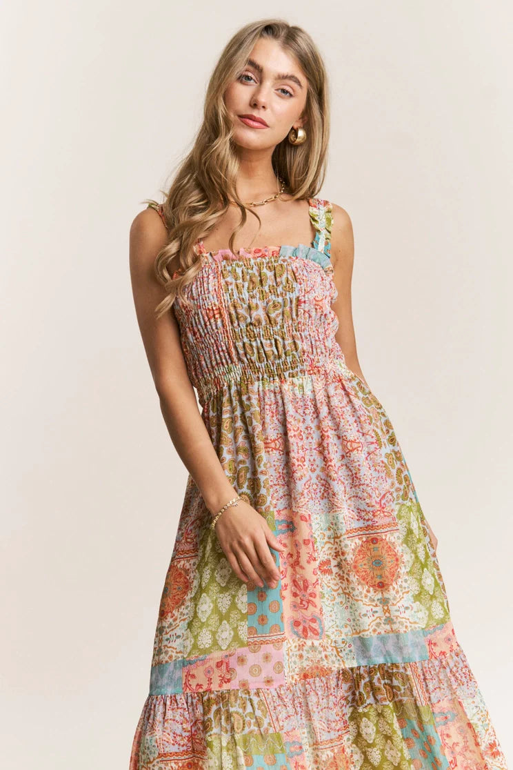 Smocked Top Patchwork Maxi Dress